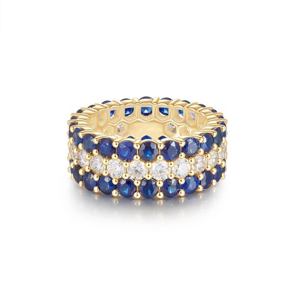 Blue Sapphire 14K (or 18k upon request) Yellow Gold Diamond Eternity Band Ring - Picture 1 of 6